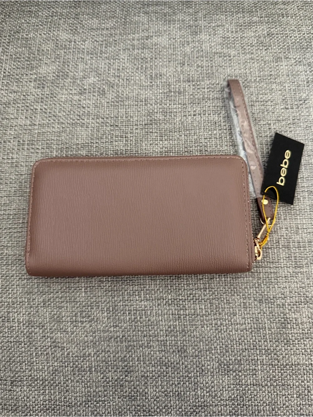 bebe Gianna Zip-Around Wristlet Wallet in Taupe with Gold Script Logo Brand New